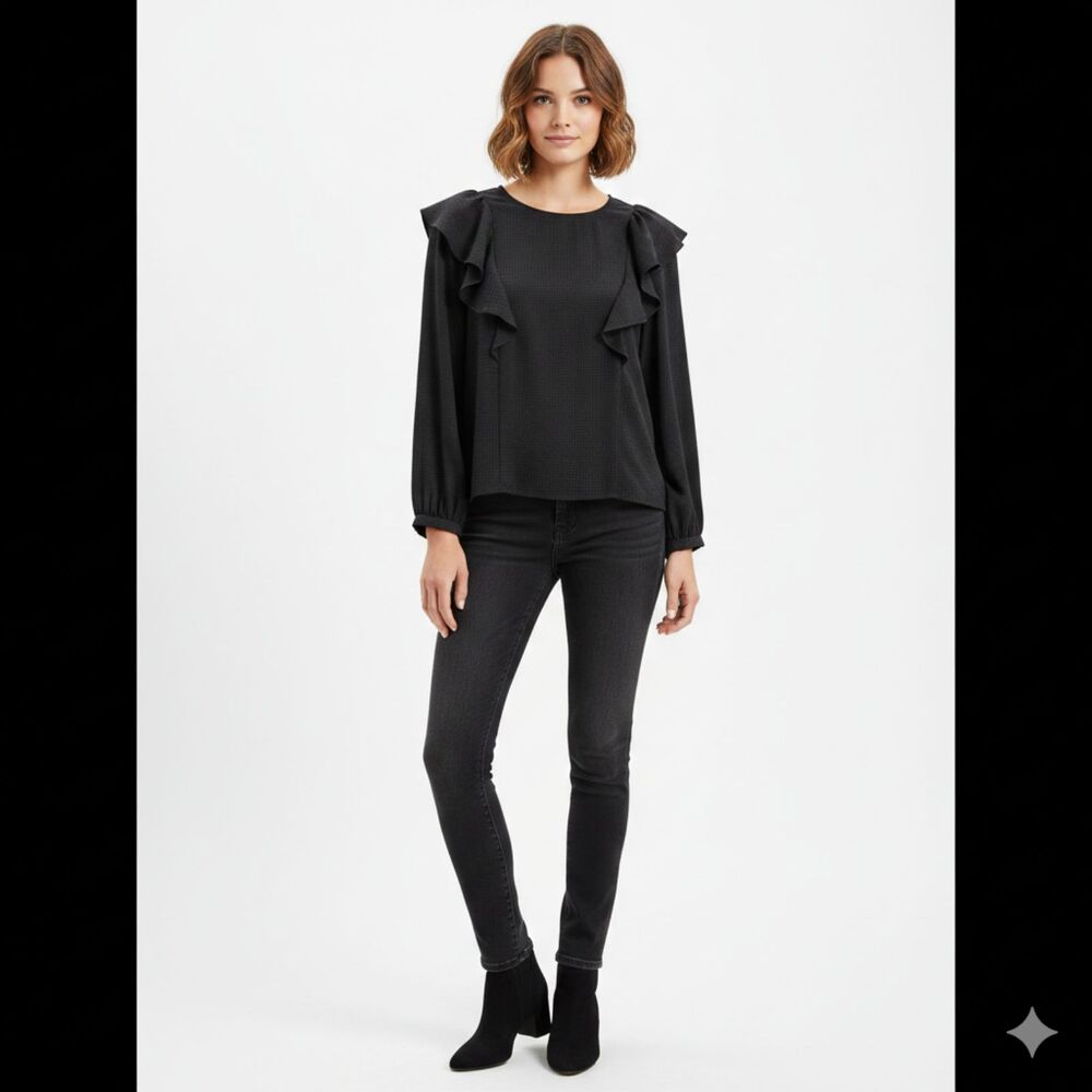 Madewell Ruffle-Shoulder Textured‎ Blouse in Micro-Gingham